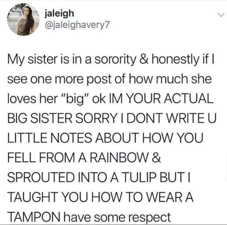 My sister is in a sorority & honestly if I see one more post of how much she loves her "big" ok IM YOUR ACTUAL BIG SISTER SORRY I DONT WRITE U LITTLE NOTES ABOUT HOW YOU FELL FROM A RAINBOW & SPROUTED INTO A TULIP BUT I TAUGHT YOU HOW TO WEAR A TAMPON have some respect