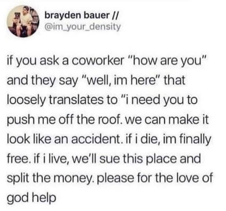 if you ask a coworker "how are you" and they say "well, im here" that loosely translates to "i need you to push me off the roof. we can make it look like an accident. if i die, im finally free. if i live, we'll sue this place and split the money. please for the love of god help