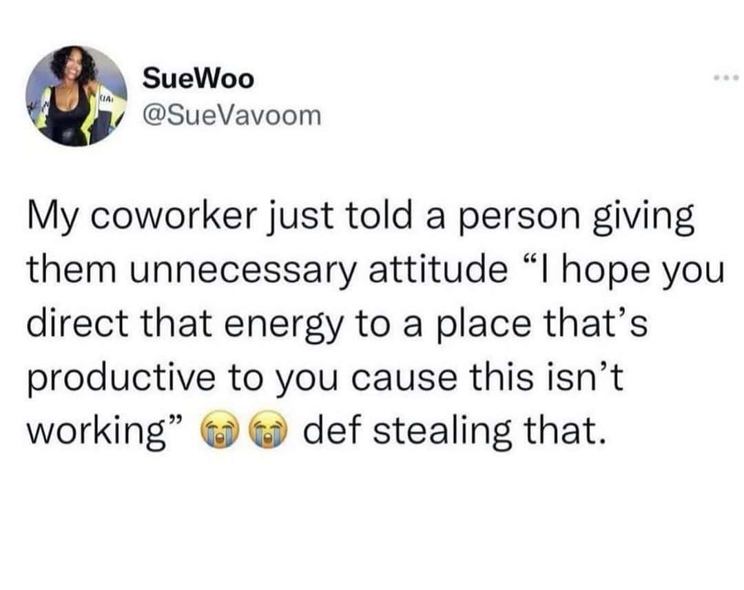 My coworker just told a person giving them unnecessary attitude "I hope you direct that energy to a place that's productive to you cause this isn't working" def stealing that.
