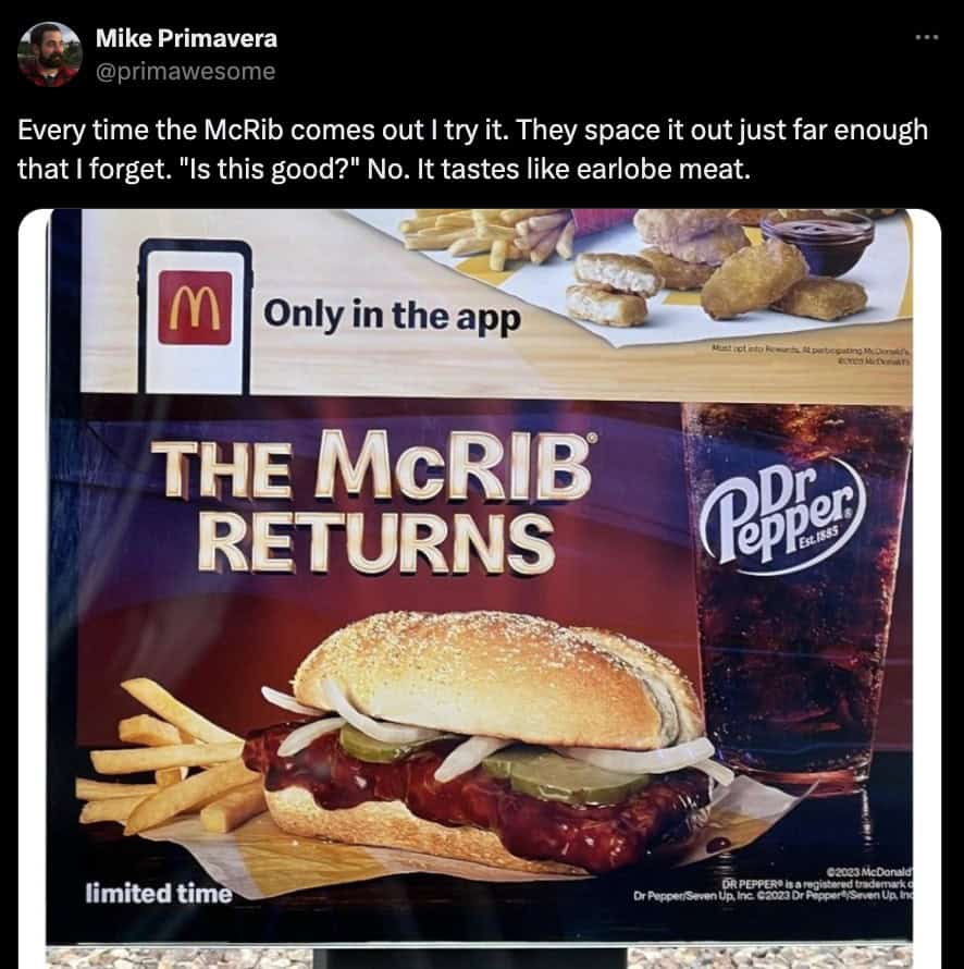 Every time the McRib comes out I try it. They space it out just far enough that I forget. "Is this good?" No. It tastes like earlobe meat.