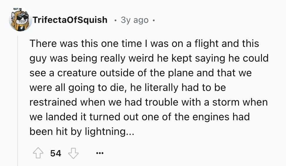 There was this one time I was on a flight and this guy was being really weird he kept saying he could see a creature outside of the plane and that we were all going to die, he literally had to be restrained when we had trouble with a storm when we landed it turned out one of the engines had been hit by lightning...