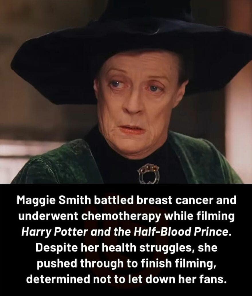 Maggie Smith battled breast cancer and underwent chemotherapy while filming Harry Potter and the Half-Blood Prince. Despite her health struggles, she pushed through to finish filming, determined not to let down her fans.