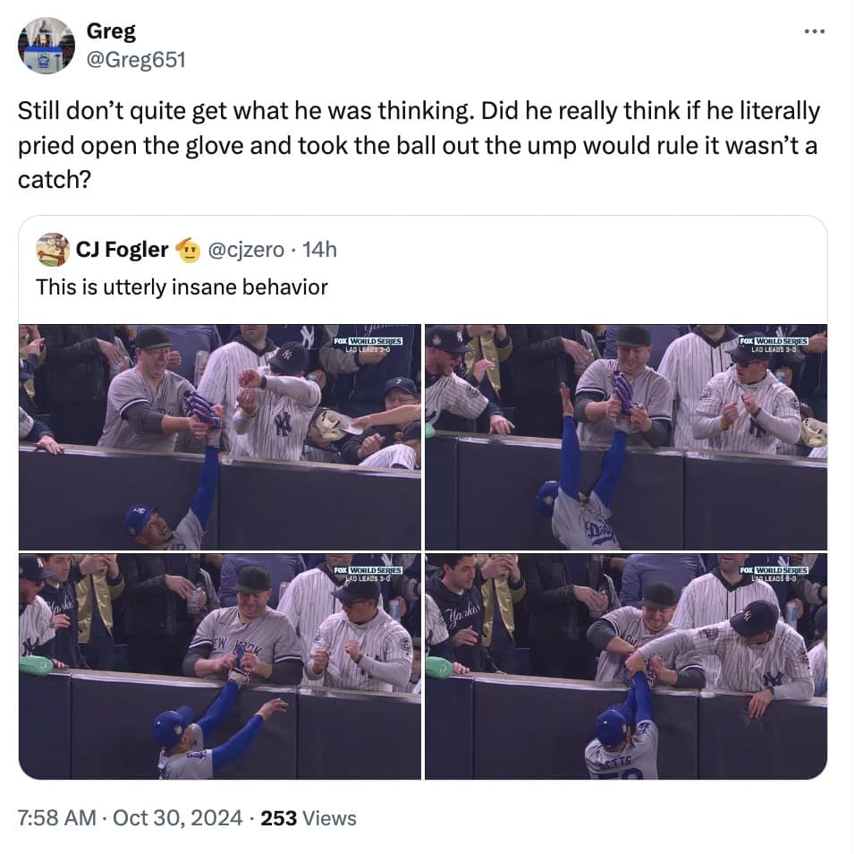 yankees fan interference memes, bronx bedlam, Yankees viral moment memes, Yankees fan chaos memes, Yankees outfield interference memes, World Series fan interference memes, MLB fan interference memes, baseball fan interference memes, World Series viral memes