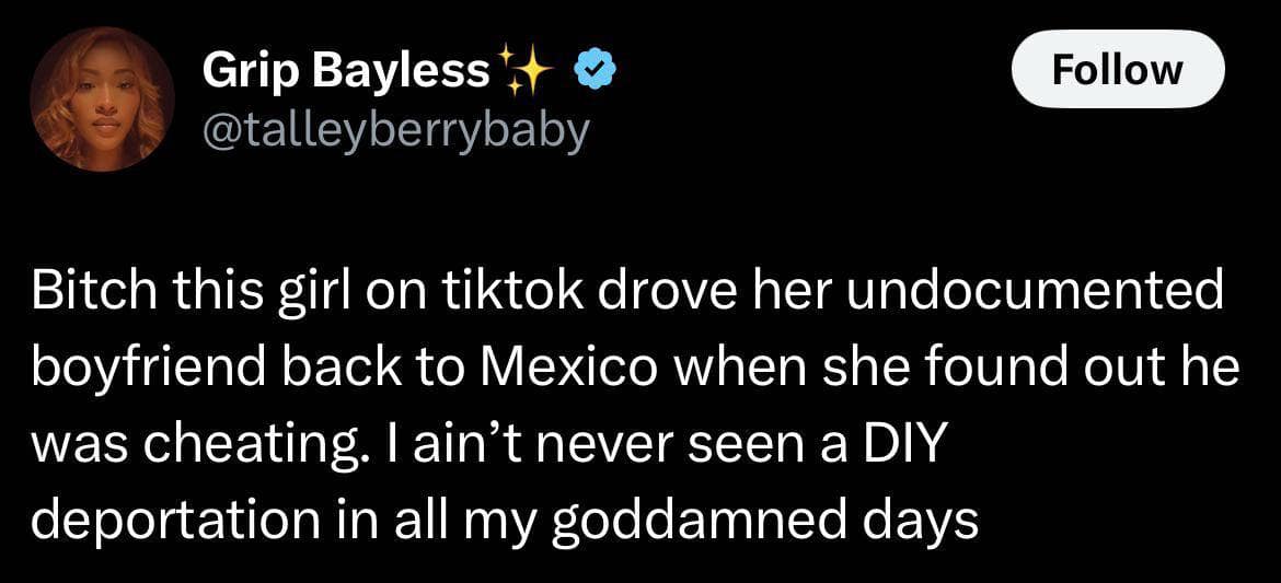 this girl on tiktok drove her undocumented boyfriend back to Mexico when she found out he was cheating. I ain't never seen a DIY deportation in all my goddamned days