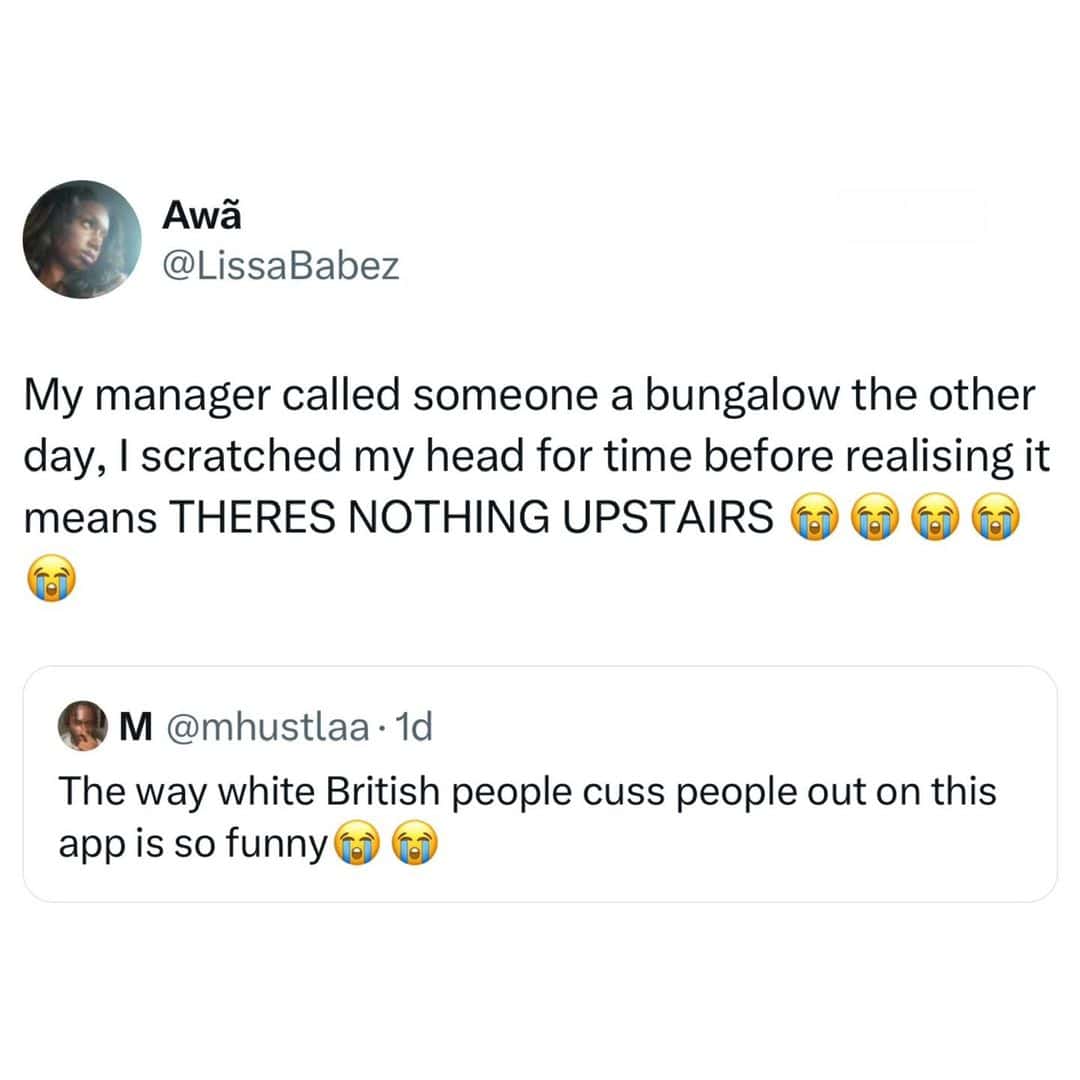 My manager called someone a bungalow the other day, I scratched my head for time before realising it means THERES NOTHING UPSTAIRS