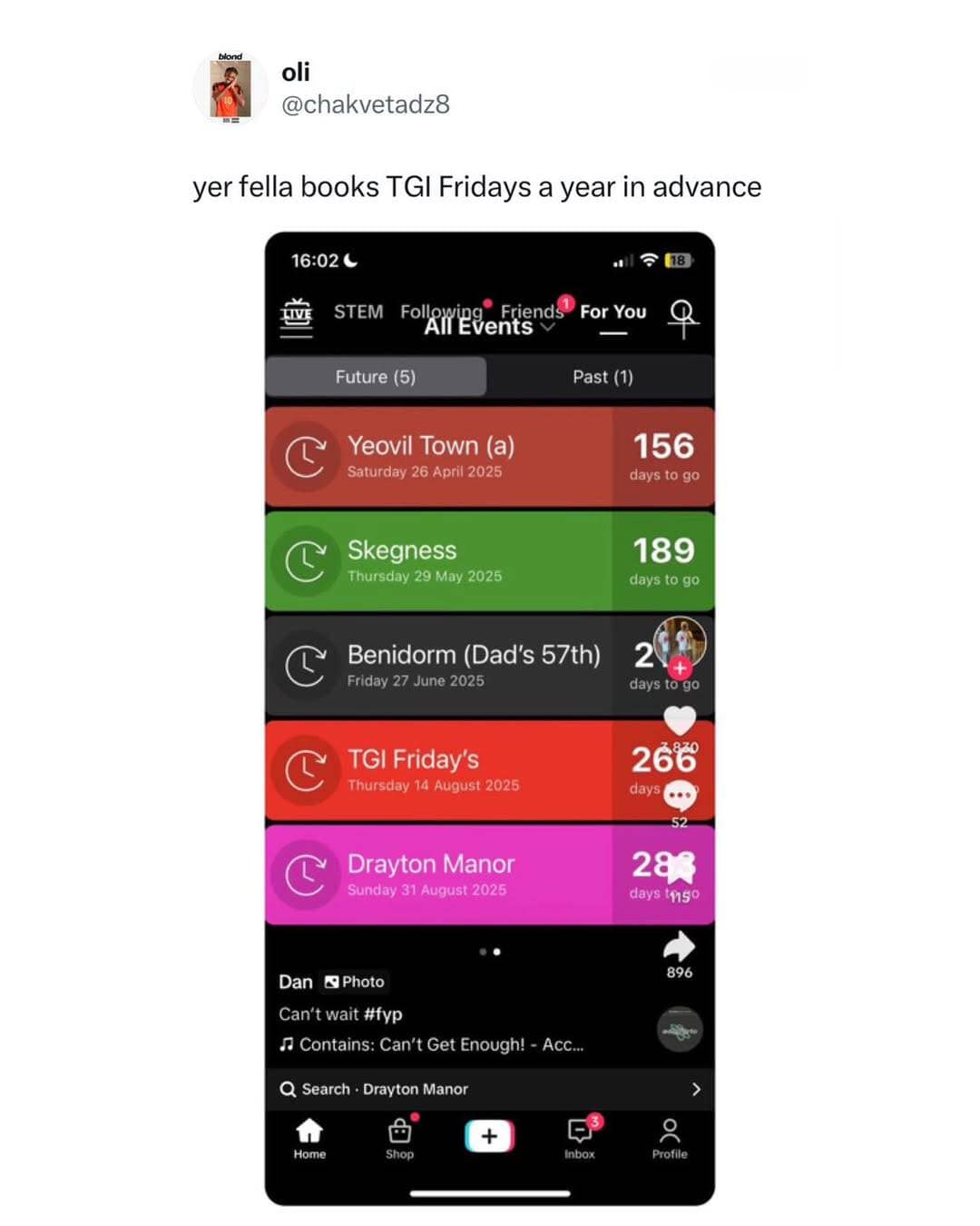 yer fella books TGI Fridays a year in advance