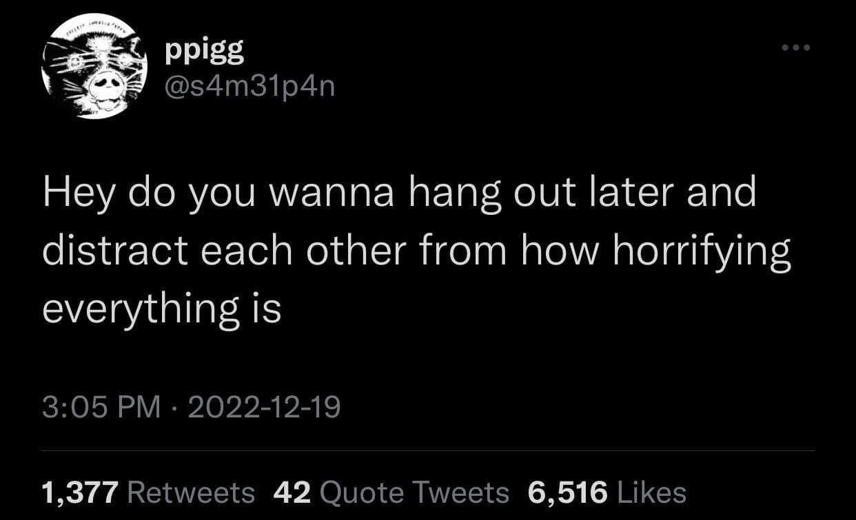 ppigg @s4m31p4n Hey do you wanna hang out later and distract each other from how horrifying everything is