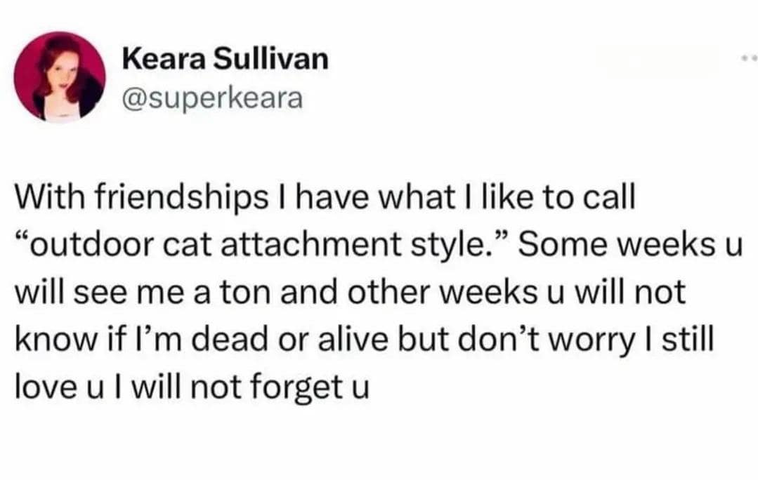 Keara Sullivan @superkeara With friendships I have what I like to call "outdoor cat attachment style." Some weeks u will see me a ton and other weeks u will not know if I'm dead or alive but don't worry I still love u I will not forget u