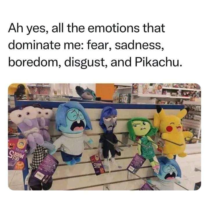 Ah yes, all the emotions that dominate me: fear, sadness, boredom, disgust, and Pikachu. Sign