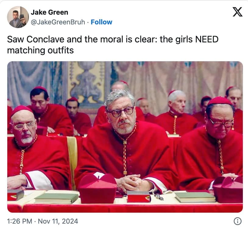 Vatican memes, Catholic memes, movie memes, Conclave jokes, Vatican humor, Catholic humor, Drama memes, religious memes, movie-related memes
