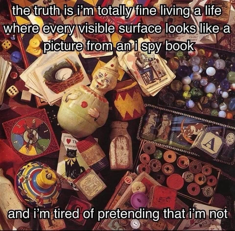 the truth is i'm totally fine living a life where every visible surface looks like a picture from an i spy book MIGREATHEAD INVENTOR 2001008084- and i'm tired of pretending that i'm not