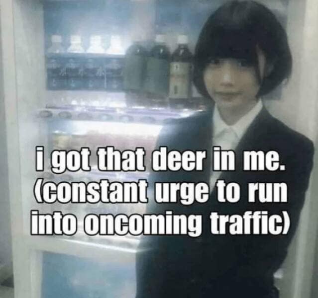 i got that deer in me. (constant urge to run into oncoming traffic)