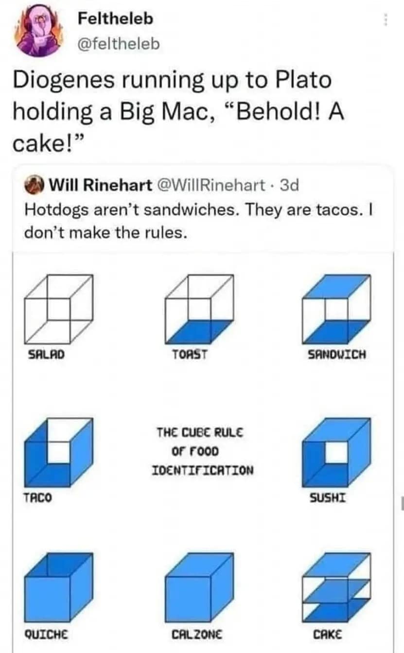 Diogenes running up to Plato holding a Big Mac, "Behold! A cake!"