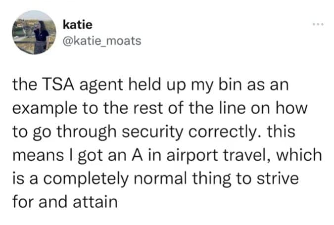 the TSA agent held up my bin as an example to the rest of the line on how to go through security correctly. this means I got an A in airport travel, which is a completely normal thing to strive for and attain