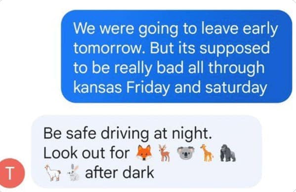 We were going to leave early tomorrow. But its supposed to be really bad all through kansas Friday and saturday Be safe driving at night. Look out for