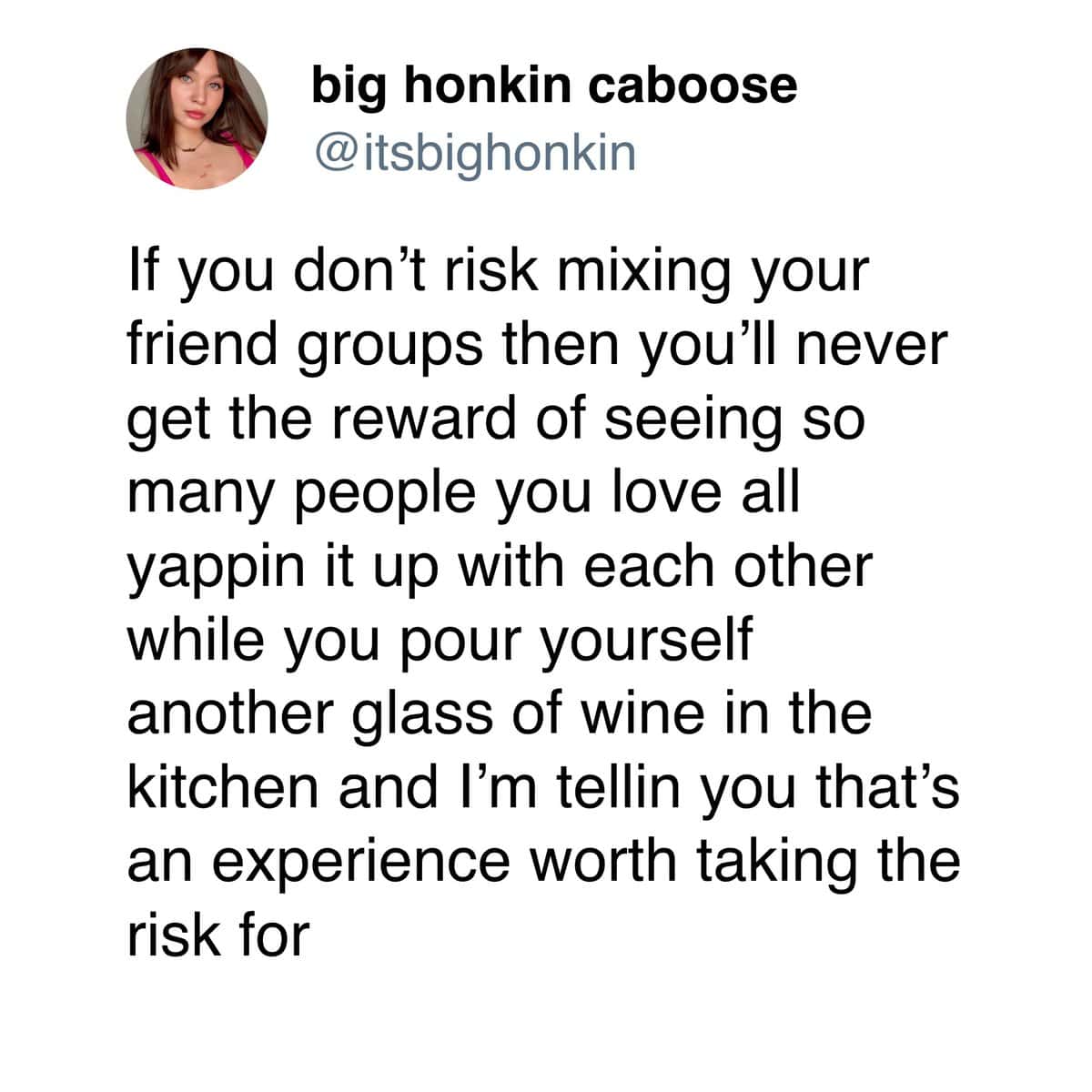 If you don't risk mixing your friend groups then you'll never get the reward of seeing so many people you love all yappin it up with each other while you pour yourself another glass of wine in the kitchen and I'm tellin you that's an experience worth taking the risk for