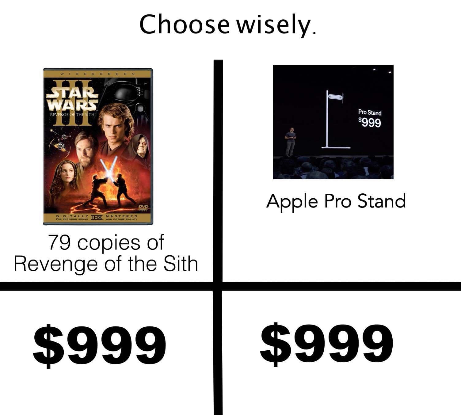Choose wisely. Pro Stand $999 Apple Pro Stand PAGE L THX MONTERED 79 copies of Revenge of the Sith $999 $999