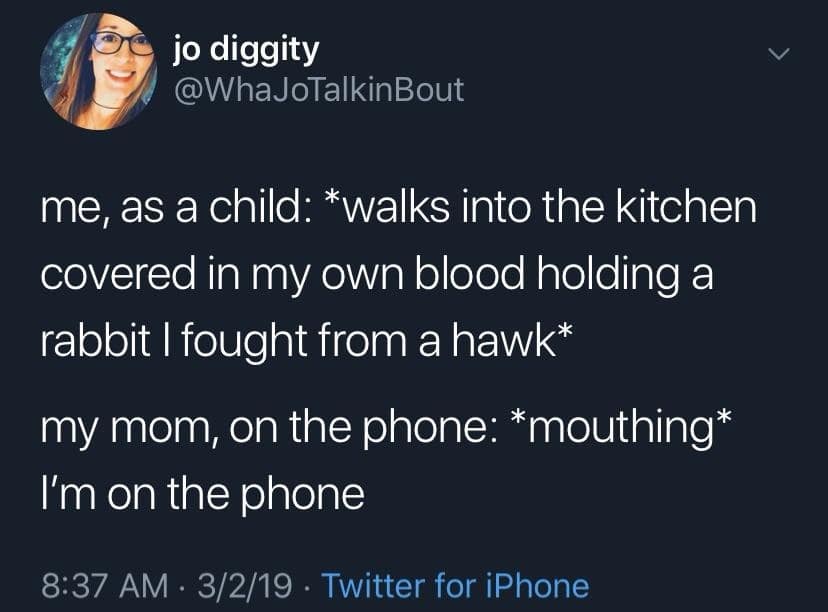 jo diggity @WhaJoTalkinBout me, as a child: *walks into the kitchen covered in my own blood holding a rabbit I fought from a hawk* my mom, on the phone: *mouthing* I'm on the phone 8:37 AM • 3/2/19 • Twitter for iPhone