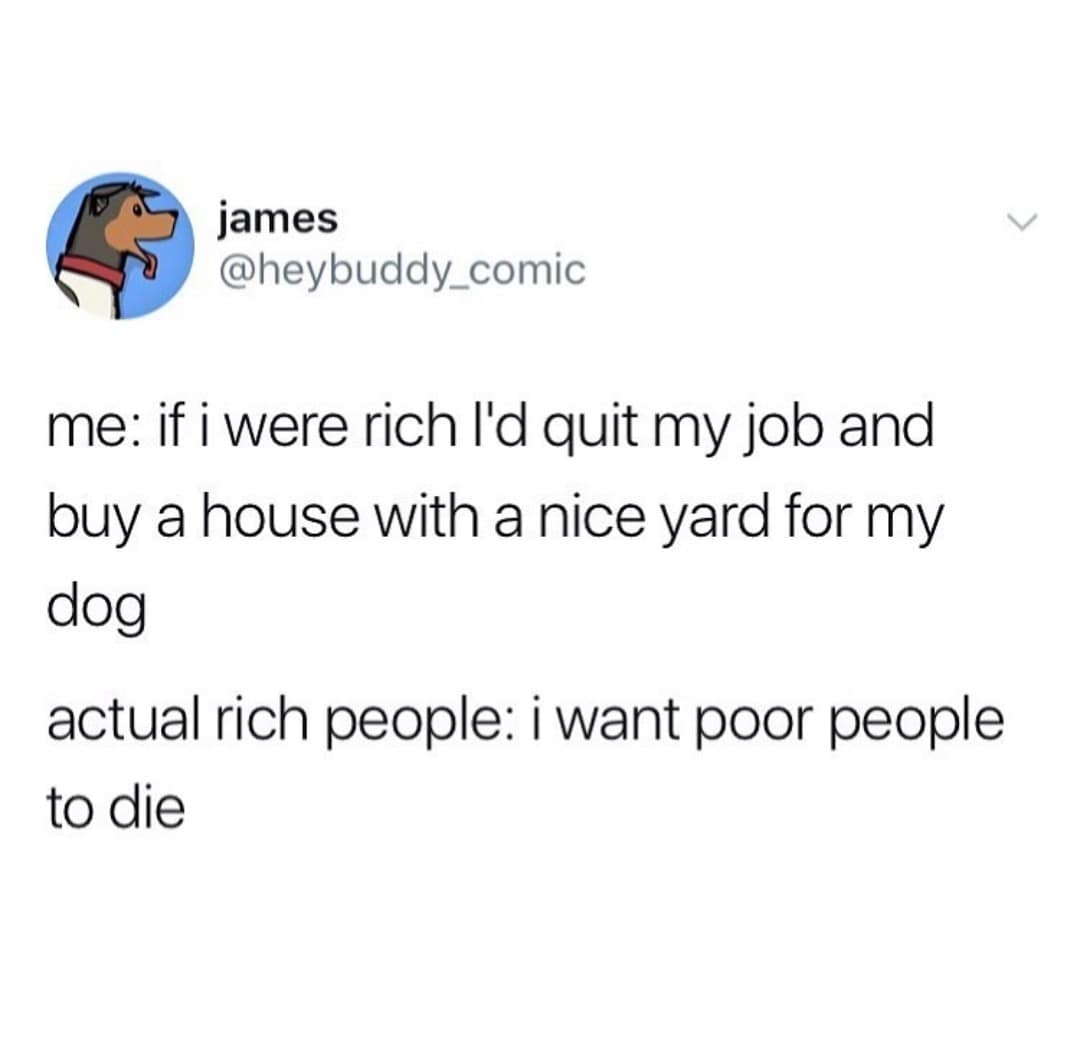 james @heybuddy_comic me: if i were rich l'd quit my job and buy a house with a nice yard for my dog actual rich people: i want poor people to die