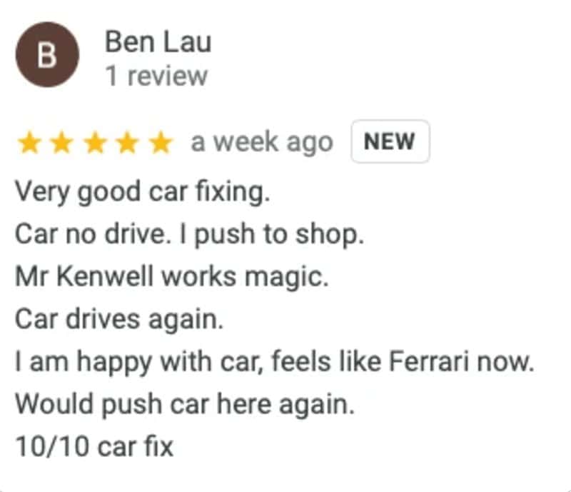 Very good car fixing. Car no drive. I push to shop. Mr Kenwell works magic. Car drives again. I am happy with car, feels like Ferrari now. Would push car here again.
