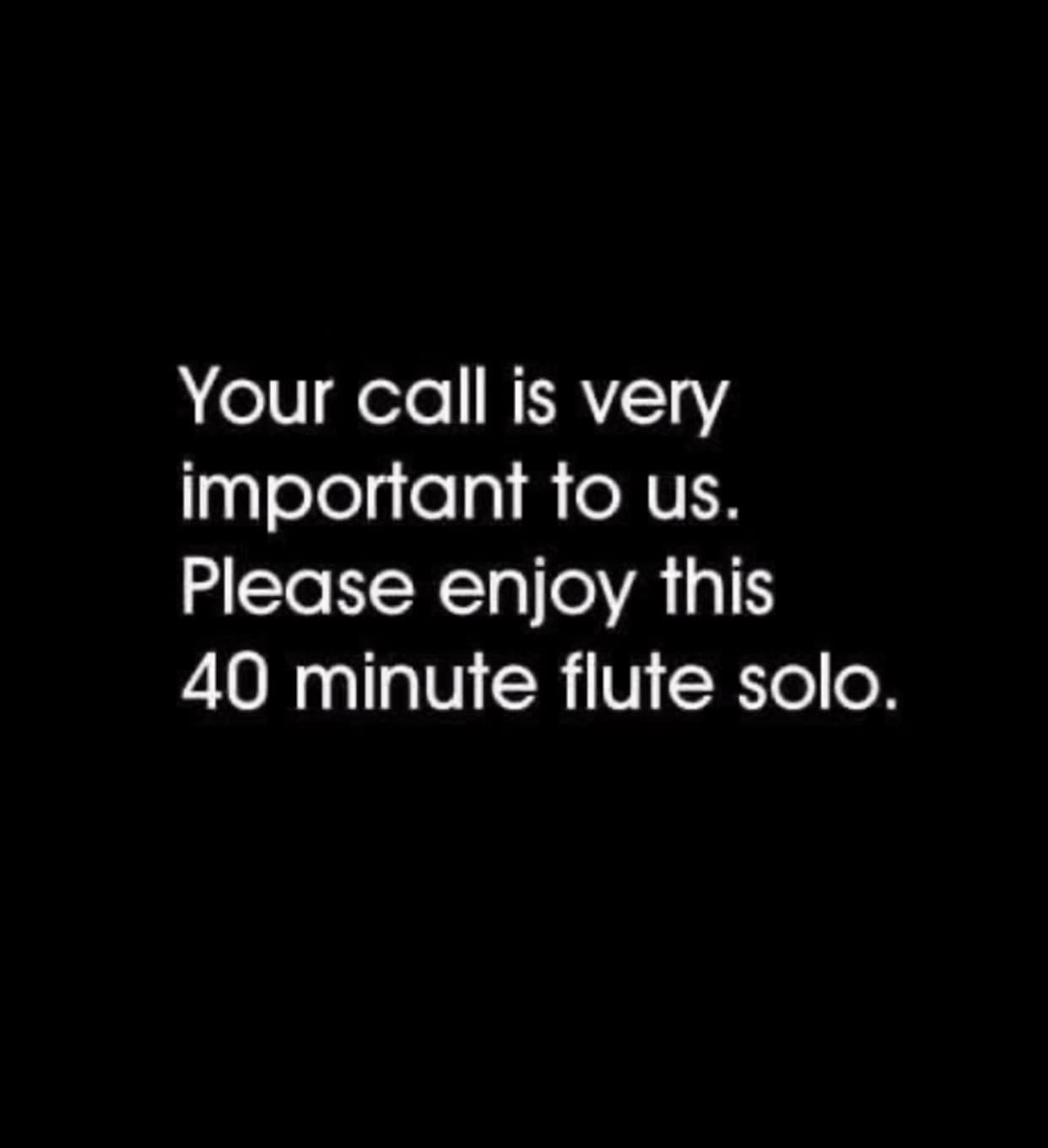 Your call is very important to us. Please enjoy this 40 minute flute solo.