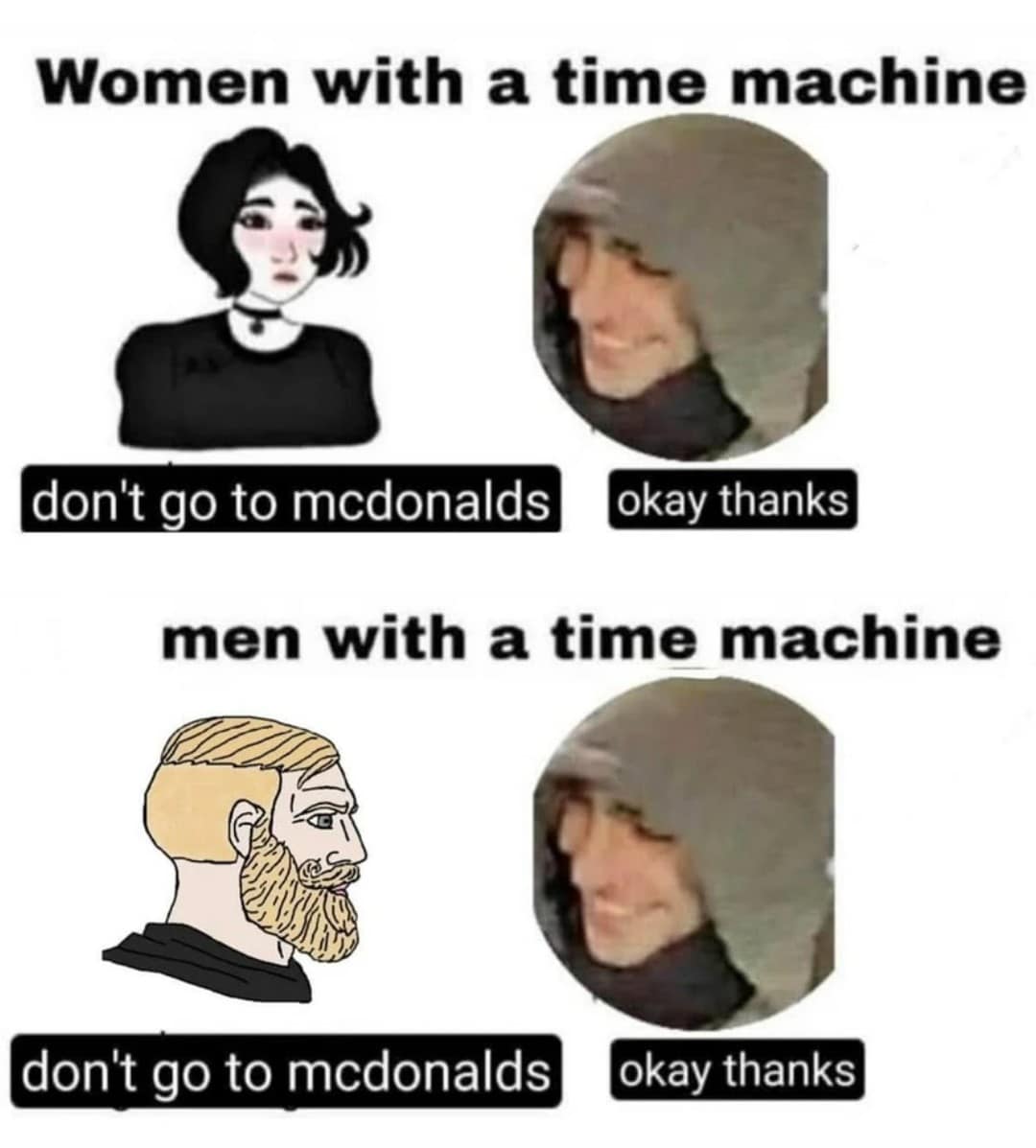 Women with a time machine don't go to mcdonalds okay thanks men with a time machine