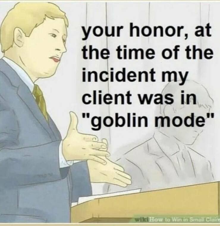 your honor, at the time of the incident my client was in "goblin mode"