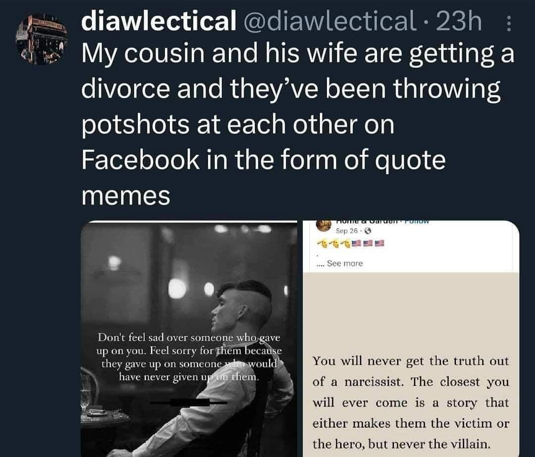 My cousin and his wife are getting a divorce and they've been throwing potshots at each other on Facebook in the form of quote memes