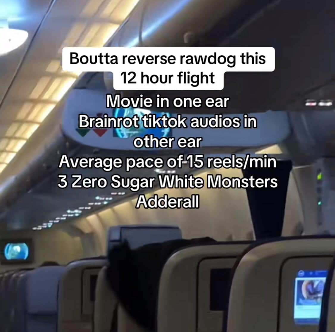 Boutta reverse rawdog this 12 hour flight Movie in one ear Brainrot tiktok audios in other ear Average pace of 15 reels/min 3 Zero Sugar White Monsters Adderall