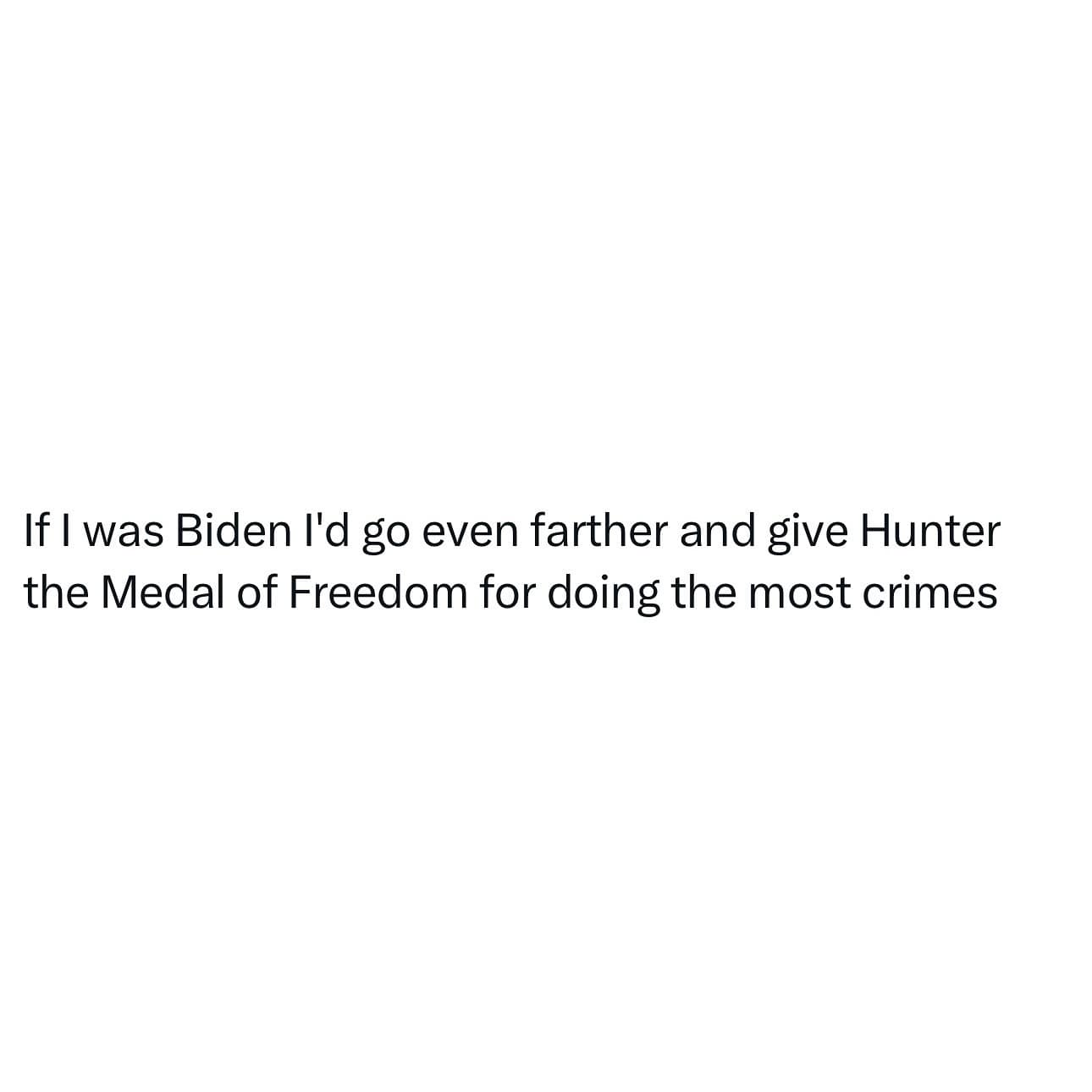 If I was Biden l'd go even farther and give Hunter the Medal of Freedom for doing the most crimes