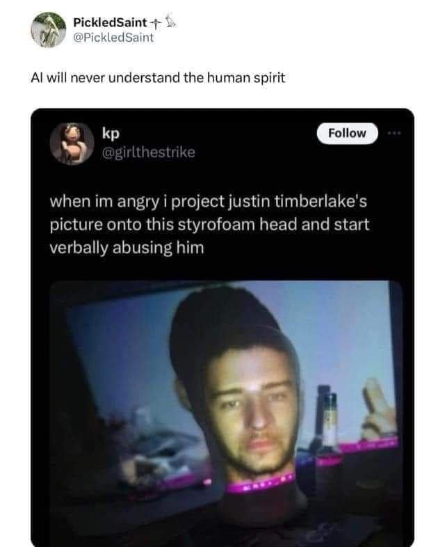 when im angry i project justin timberlake's picture onto this styrofoam head and start verbally abusing him