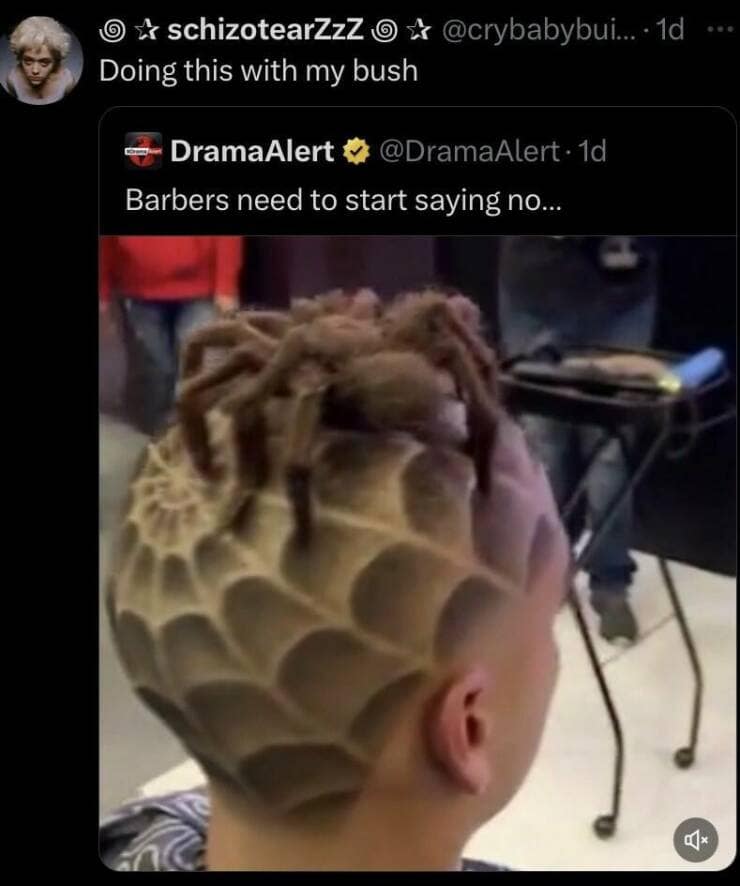 * schizotearZzz o Doing this with my bush @crybabybui..•1d **• -- DramaAlert @@DramaAlert -1d Barbers need to start saying no... 旦”