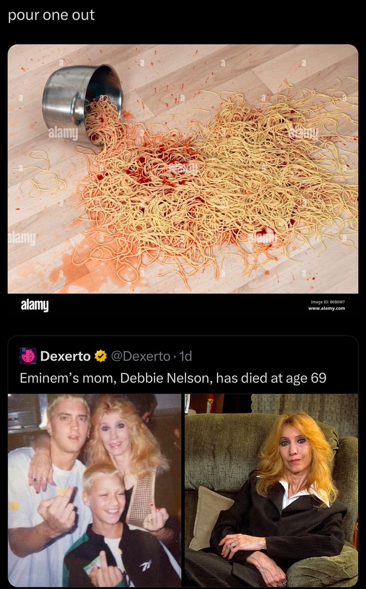 pour one out alamy amy alamy Image 1D: BOBOW? www.alamy.con Dexerto # @Dexerto • 1d Eminem's mom, Debbie Nelson, has died at age 69
