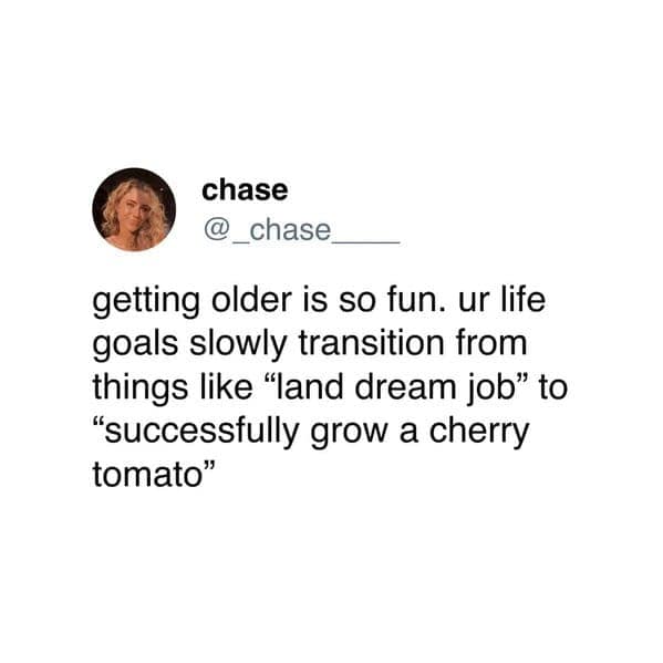 chase @ _chase getting older is so fun. ur life goals slowly transition from things like "land dream job" to "successfully grow a cherry tomato"