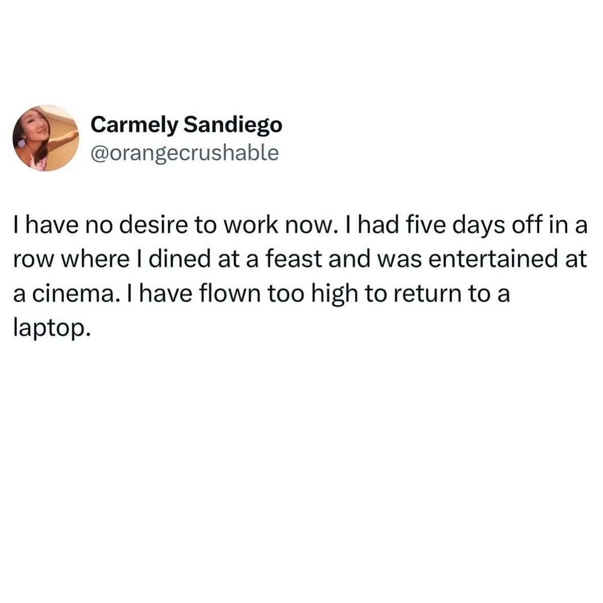 I have no desire to work now. I had five days off in a row where I dined at a feast and was entertained at a cinema. I have flown too high to return to a laptop.