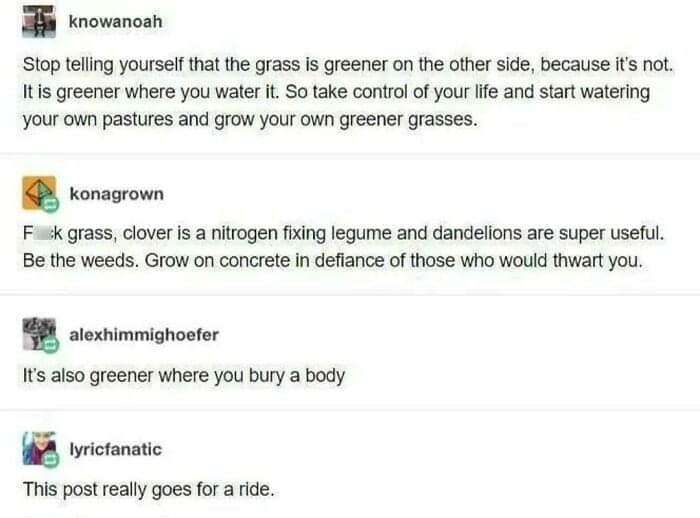Stop telling yourself that the grass is greener on the other side, because it's not. It is greener where you water it. So take control of your life and start watering your own pastures and grow your own greener grasses.