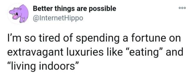 Better things are possible 000 @InternetHippo I'm so tired of spending a fortune on extravagant luxuries like "eating" and "living indoors"