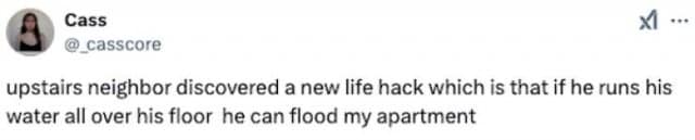 Cass XI • @_casscore upstairs neighbor discovered a new life hack which is that if he runs his water all over his floor he can flood my apartment