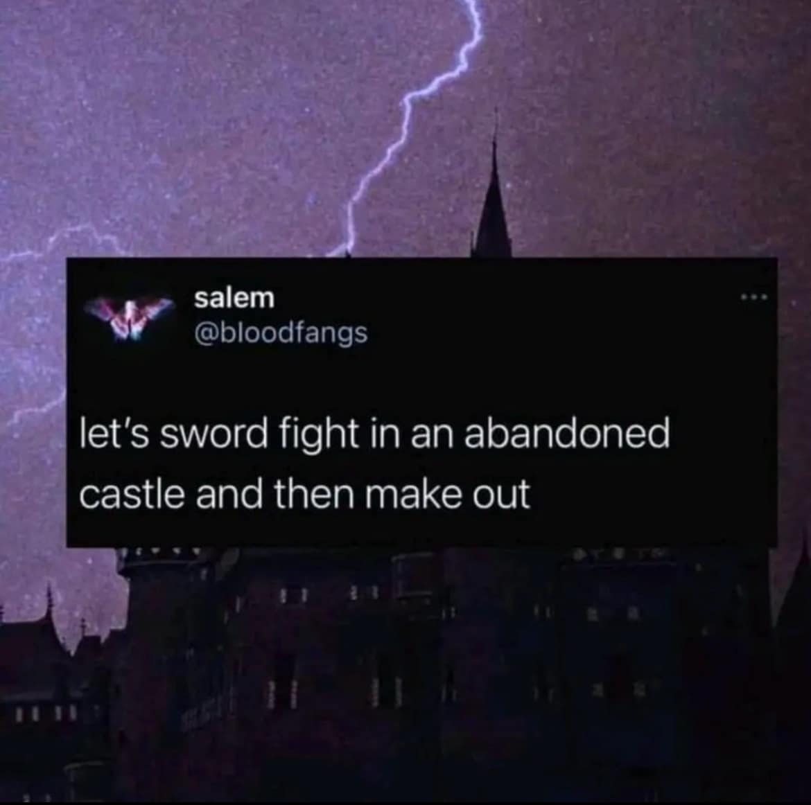 salem @bloodfangs let's sword fight in an abandoned castle and then make out