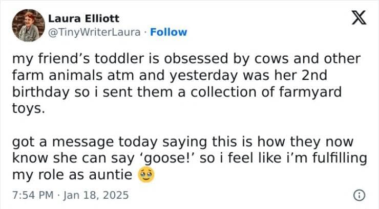my friend's toddler is obsessed by cows and other farm animals atm and yesterday was her 2nd birthday so i sent them a collection of farmyard toys. got a message today saying this is how they now know she can say 'goose!' so i feel like i'm fulfilling my role as auntie