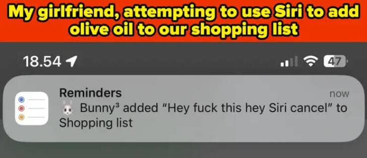 My girlfriend, attempting to use Siri to add olive oil to our shopping list