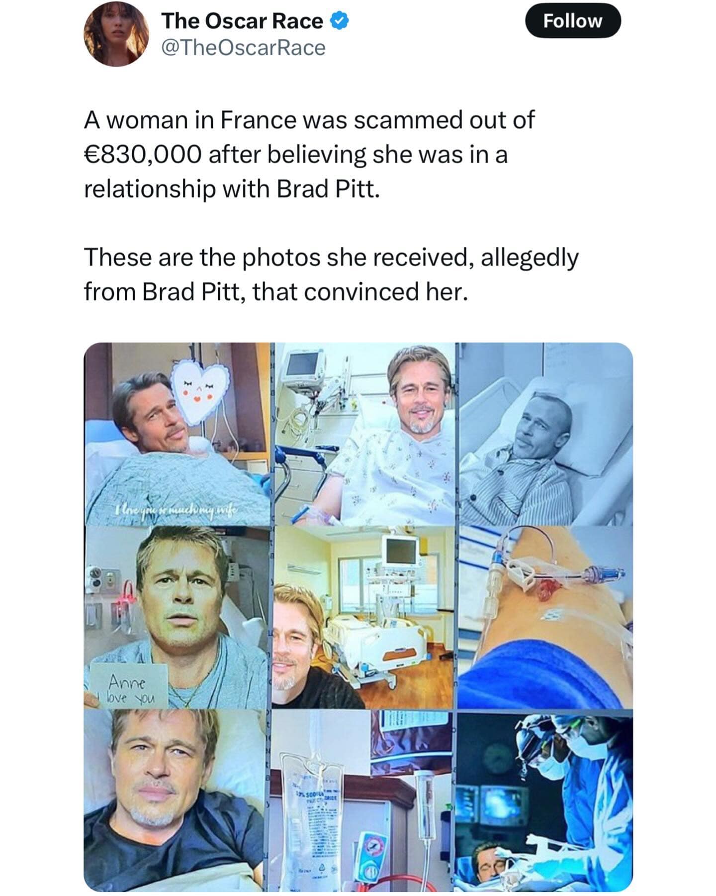 A woman in France was scammed out of €830,000 after believing she was in a relationship with Brad Pitt. These are the photos she received, allegedly from Brad Pitt, that convinced her.