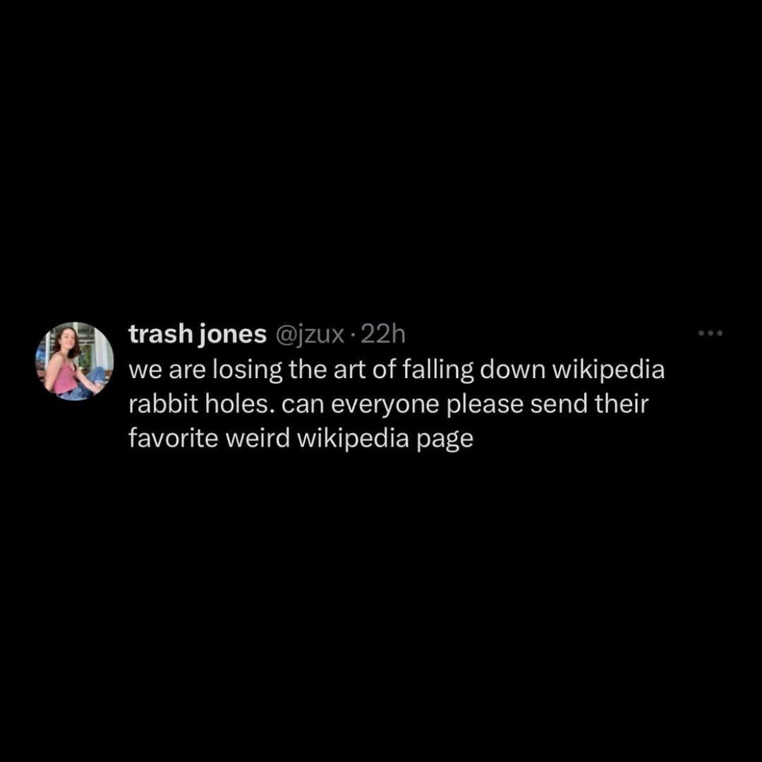 we are losing the art of falling down wikipedia rabbit holes. can everyone please send their favorite weird wikipedia page