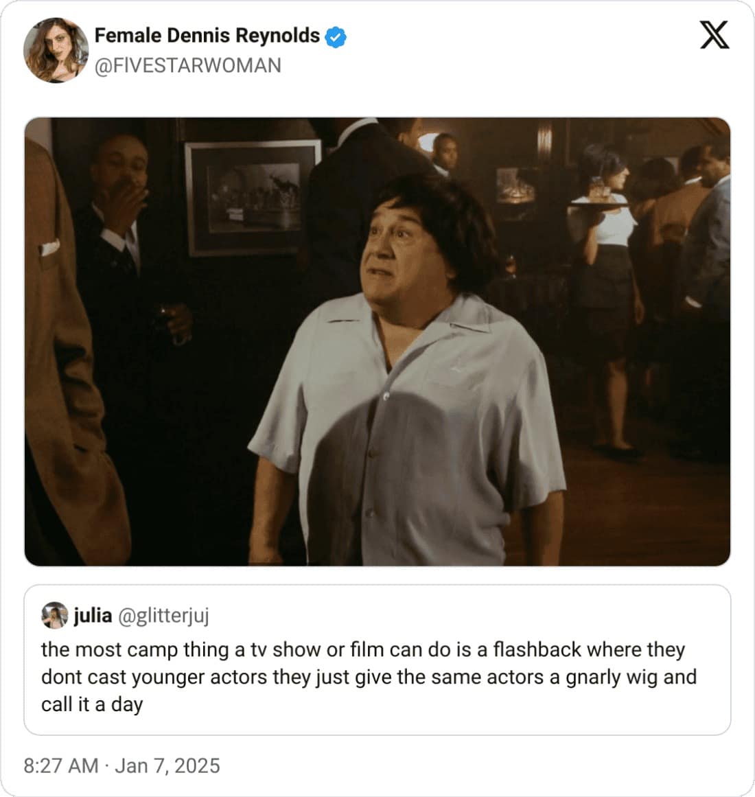 the most camp thing a tv show or film can do is a flashback where they dont cast younger actors they just give the same actors a gnarly wig and call it a day