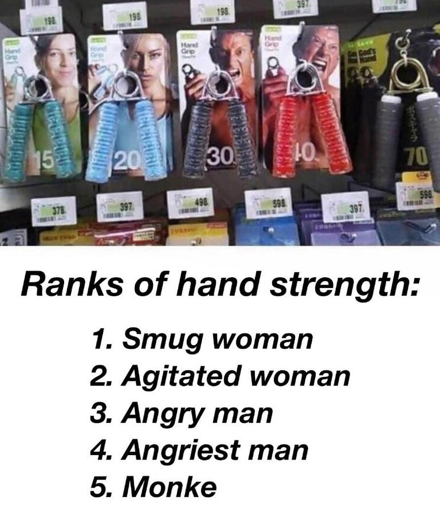 Ranks of hand strength: 1. Smug woman 2. Agitated woman 3. Angry man 4. Angriest man 5. Monke