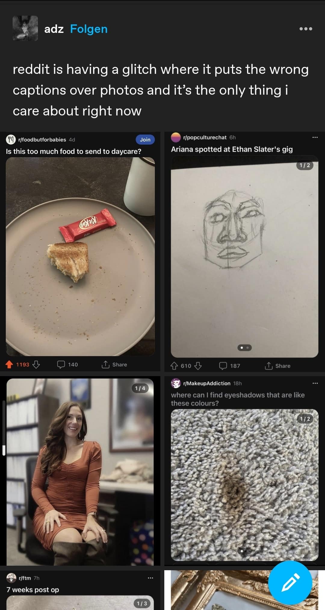 reddit is having a glitch where it puts the wrong captions over photos and it's the only thing i care about right now