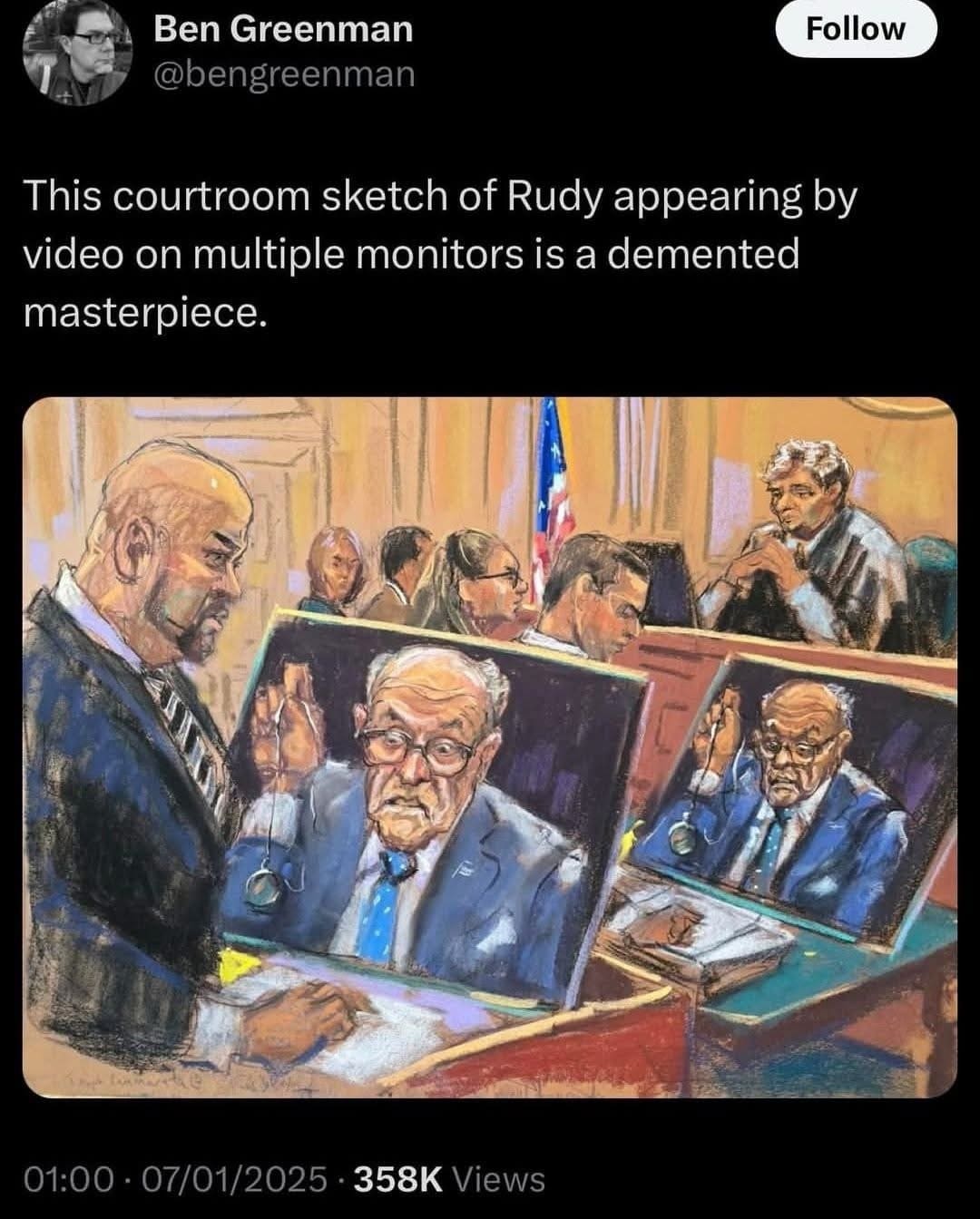 This courtroom sketch of Rudy appearing by video on multiple monitors is a demented masterpiece.
