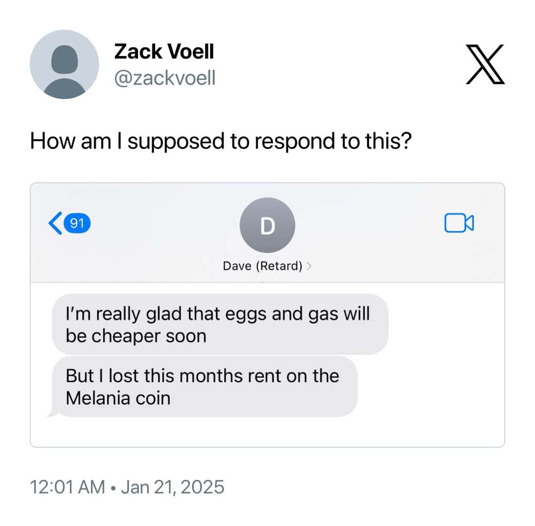 I'm really glad that eggs and gas will be cheaper soon But I lost this months rent on the Melania coin