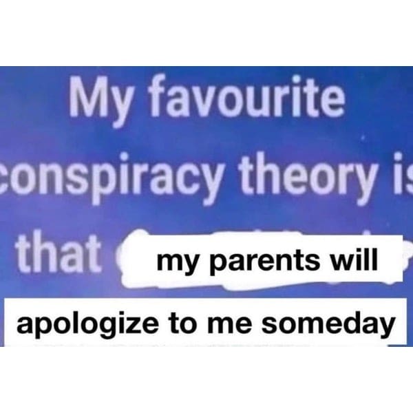 My favourite conspiracy theory i that my parents will apologize to me someday