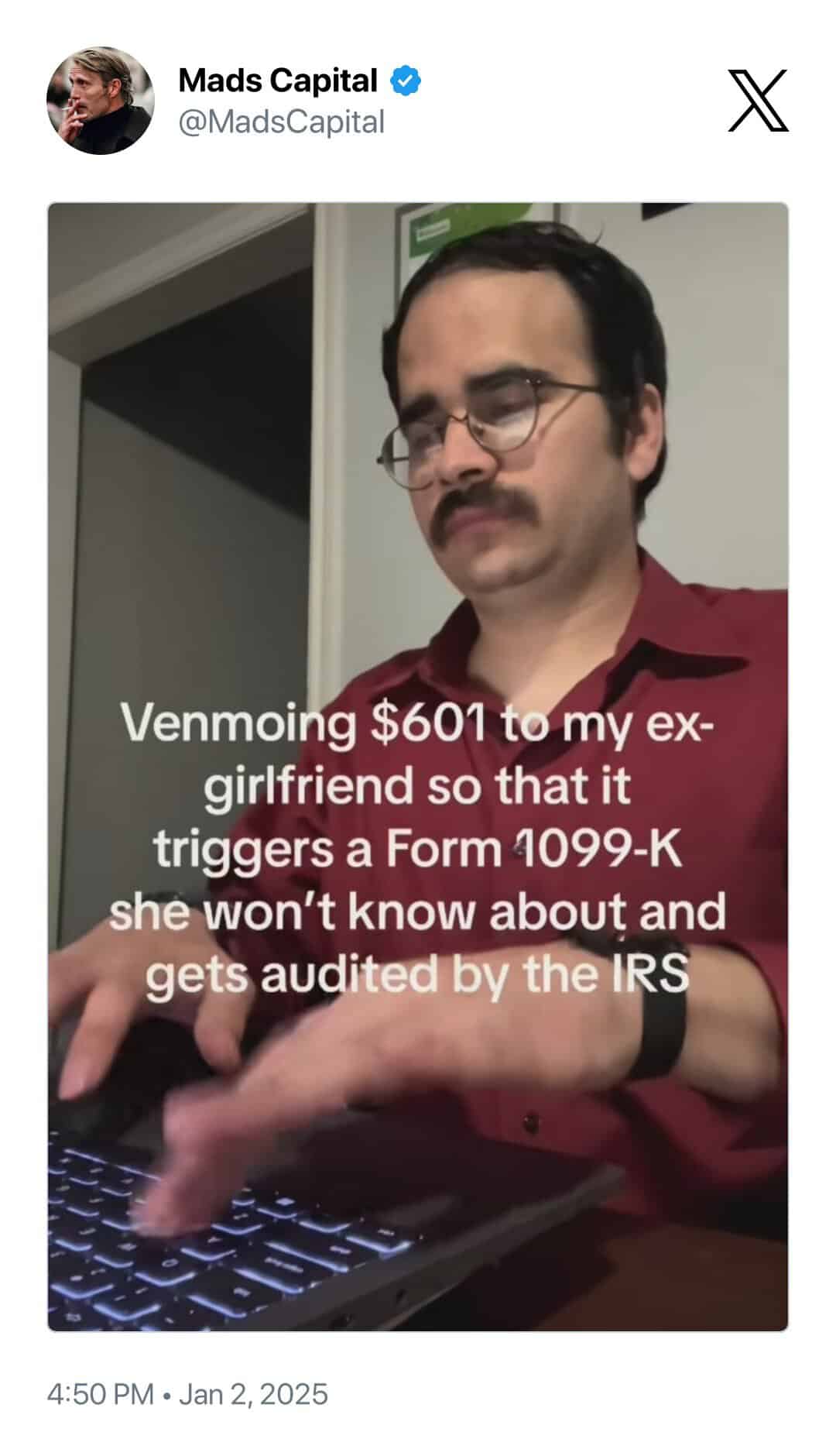 Venmoing $601 to my ex-girlfriend so that it triggers a Form 1099-K she won't know about and gets audited by the IRS